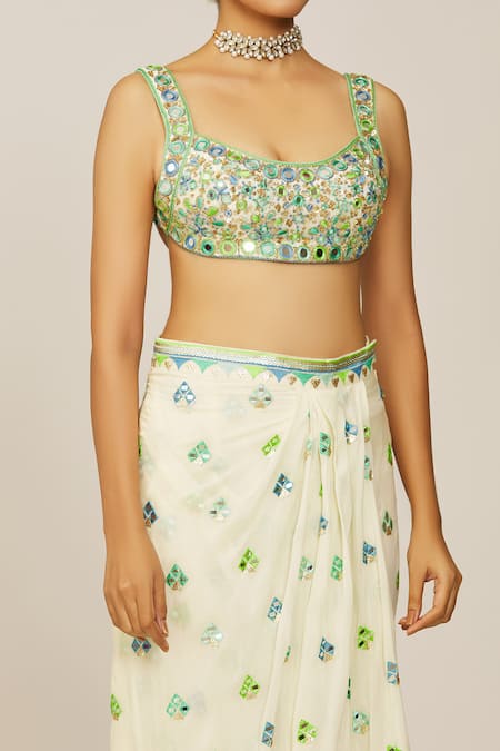 Buy_Gopi Vaid_Ivory Georgette, Crepe Mirrors, Sequins Embellished Blouse And Draped Skirt Set _Online_at_Aza_Fashions