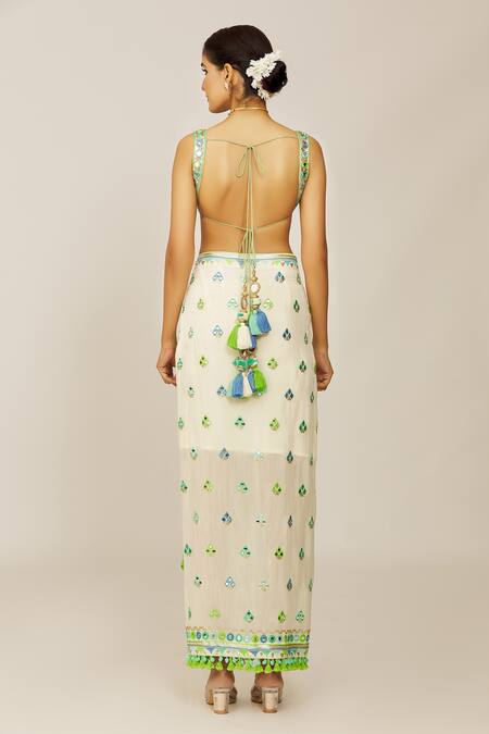 Shop_Gopi Vaid_Ivory Georgette, Crepe Mirrors, Sequins Embellished Blouse And Draped Skirt Set _Online_at_Aza_Fashions