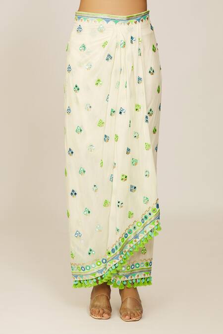 Gopi Vaid_Ivory Georgette, Crepe Mirrors, Sequins Embellished Blouse And Draped Skirt Set _at_Aza_Fashions