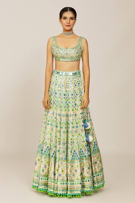 Buy_Gopi Vaid_Ivory Tussar, Organza, Georgette Embroidery Scoop Neck Bridal Lehenga Set _Online_at_Aza_Fashions