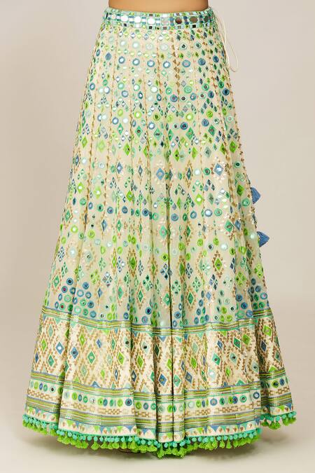 Gopi Vaid_Ivory Tussar, Organza, Georgette Embroidery Scoop Neck Bridal Lehenga Set _at_Aza_Fashions