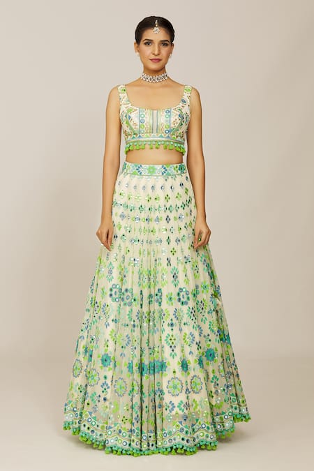 Buy_Gopi Vaid_Ivory Georgette, Organza Tassels, Aanya Mela Embellished Bridal Lehenga Set _Online_at_Aza_Fashions