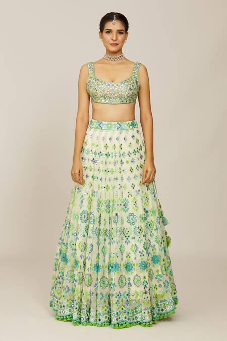 Buy_Gopi Vaid_Ivory Viscose, Organza, Georgette Mirrors, Shifa Mela Bridal Lehenga Set _Online_at_Aza_Fashions