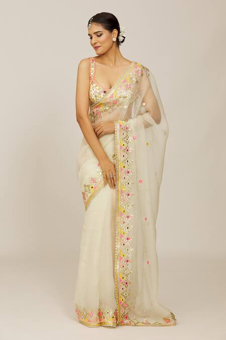 Buy Gopi Vaid Ivory Tussar, Organza Embroidery, Mirrors Scoop Neck Maahi Saree With Blouse Online at Aza Fashions Buy_Gopi Vaid_Ivory Tussar, Organza Embroidery, Mirrors Scoop Neck Maahi Saree With Blouse _Online_at_Aza_Fashions
