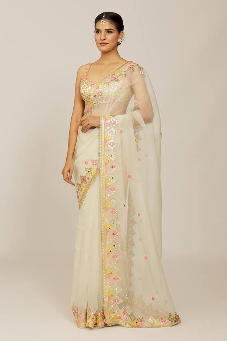 Shop Gopi Vaid Ivory Tussar, Organza Embroidery, Mirrors Scoop Neck Maahi Saree With Blouse Online at Aza Fashions Shop_Gopi Vaid_Ivory Tussar, Organza Embroidery, Mirrors Scoop Neck Maahi Saree With Blouse _Online_at_Aza_Fashions