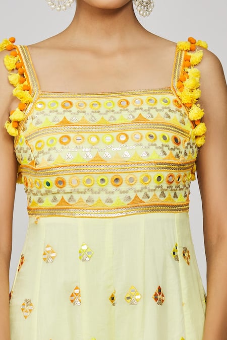 Buy_Gopi Vaid_Yellow Georgette Sequins, Tassels, Pom-poms Fara Mirror Embroidered Jumpsuit _Online_at_Aza_Fashions