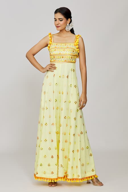 Shop_Gopi Vaid_Yellow Georgette Sequins, Tassels, Pom-poms Fara Mirror Embroidered Jumpsuit _Online_at_Aza_Fashions