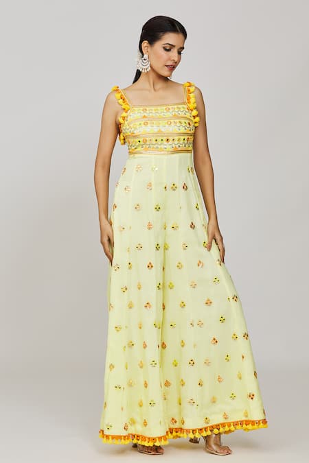 Gopi Vaid_Yellow Georgette Sequins, Tassels, Pom-poms Fara Mirror Embroidered Jumpsuit _at_Aza_Fashions