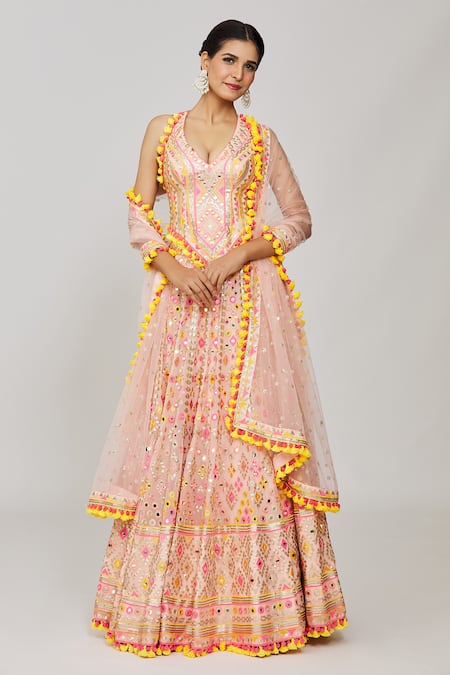 Buy_Gopi Vaid_Pink Lehenga And Blouse Georgette Embroidery Narya Geometric Set _Online_at_Aza_Fashions