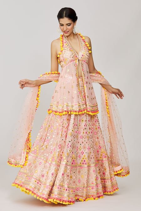 Gopi Vaid Pink Lehenga And Blouse Georgette Embroidery Mirror Halter Neck Marya Set 