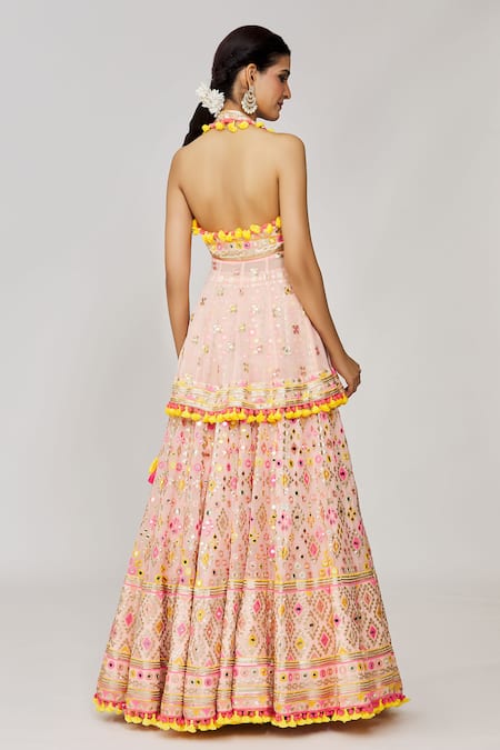 Gopi Vaid Pink Georgette, Net Sequins, Embroidery, Mirrors, Marya Blouse Lehenga Set Online at Aza Fashions Gopi Vaid_Pink Georgette, Net Sequins, Embroidery, Mirrors, Marya Blouse Lehenga Set _Online_at_Aza_Fashions