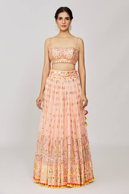 Gopi Vaid_Pink Georgette, Viscose, Organza Sequins, Mirrors, Nimrit Bridal Lehenga Set_Online_at_Aza_Fashions