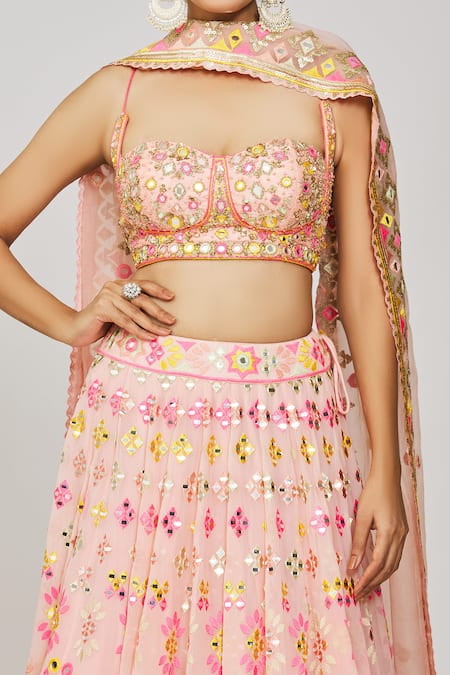 Shop Gopi Vaid Pink Georgette, Viscose, Organza Mirrors, Prisha And Bridal Lehenga Set Online at Aza Fashions Shop_Gopi Vaid_Pink Georgette, Viscose, Organza Mirrors, Prisha And Bridal Lehenga Set _Online_at_Aza_Fashions