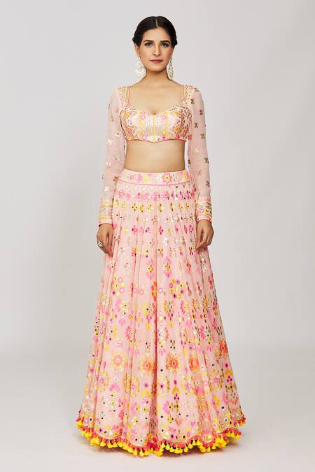 Gopi Vaid_Pink Viscose, Georgette, Organza Mirrors, Urvashi Mela Work Bridal Lehenga Set_Online_at_Aza_Fashions