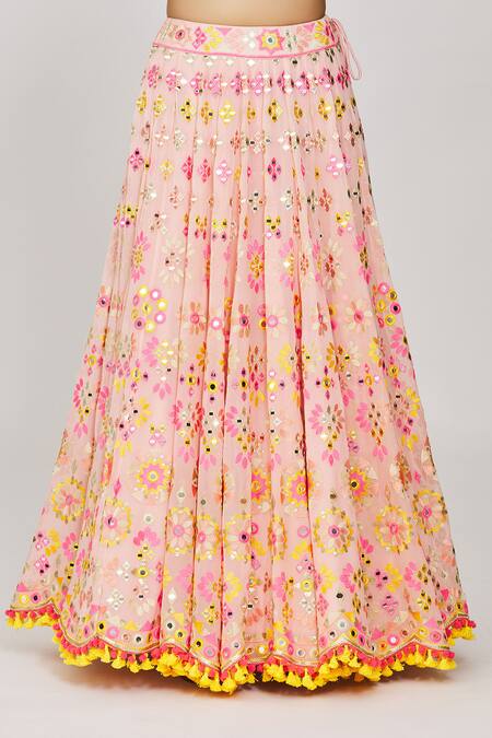 Shop_Gopi Vaid_Pink Viscose, Georgette, Organza Mirrors, Urvashi Mela Work Bridal Lehenga Set_Online_at_Aza_Fashions