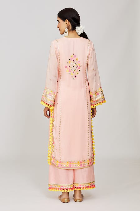 Gopi Vaid_Pink Viscose, Linen, Chiffon, Satin Pom-poms, Geometric Kurta Palazzo Set _Online_at_Aza_Fashions