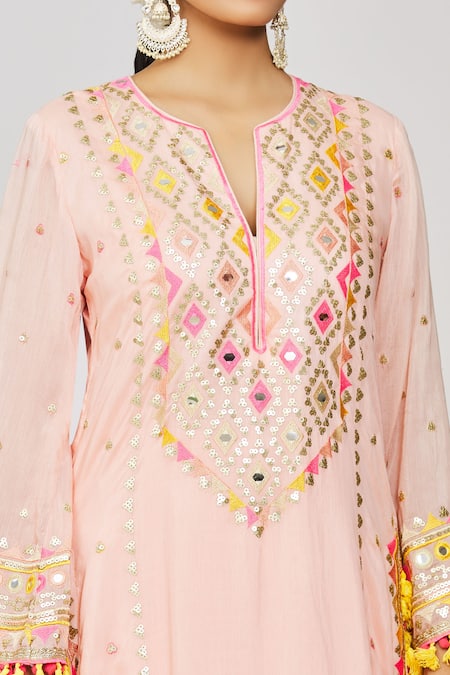 Buy_Gopi Vaid_Pink Viscose, Linen, Chiffon, Satin Pom-poms, Geometric Kurta Palazzo Set _Online_at_Aza_Fashions