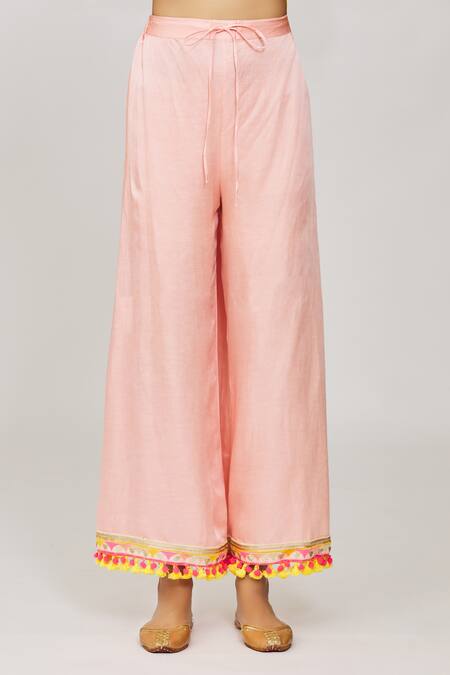 Shop_Gopi Vaid_Pink Viscose, Linen, Chiffon, Satin Pom-poms, Geometric Kurta Palazzo Set _Online_at_Aza_Fashions