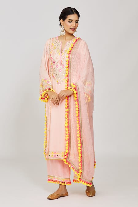 Gopi Vaid_Pink Viscose, Linen, Chiffon, Satin Pom-poms, Geometric Kurta Palazzo Set _at_Aza_Fashions