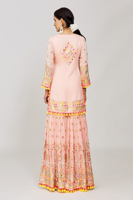 Gopi Vaid_Pink Georgette, Organza Mirrors, Sequins, Friya Short Kurta Sharara Set _Online_at_Aza_Fashions