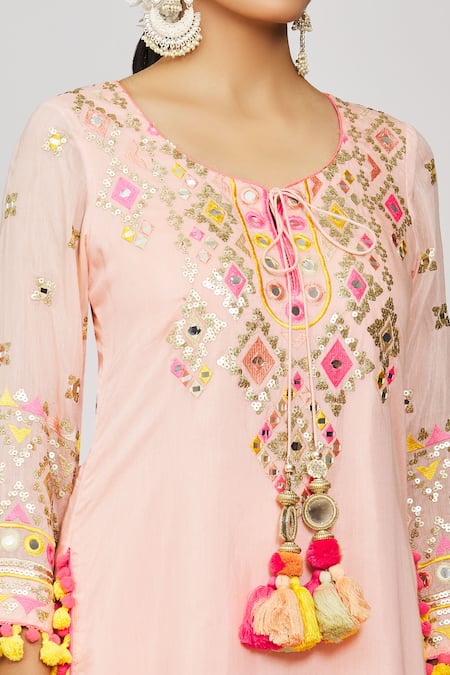 Buy_Gopi Vaid_Pink Georgette, Organza Mirrors, Sequins, Friya Short Kurta Sharara Set _Online_at_Aza_Fashions