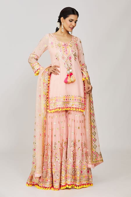 Shop_Gopi Vaid_Pink Georgette, Organza Mirrors, Sequins, Friya Short Kurta Sharara Set _Online_at_Aza_Fashions