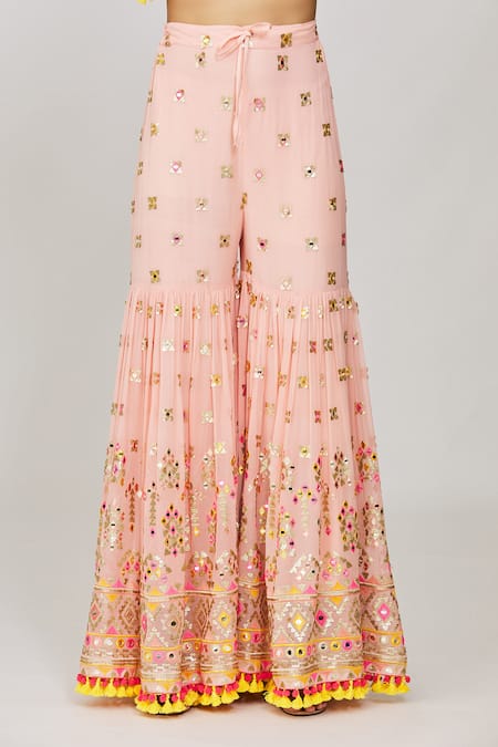 Gopi Vaid_Pink Georgette, Organza Mirrors, Sequins, Friya Short Kurta Sharara Set _at_Aza_Fashions