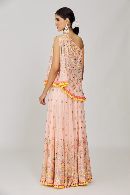 Gopi Vaid Kaveer Embroidered One Shoulder Top & Flared Pant Set 