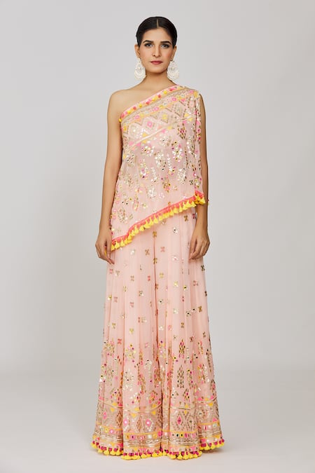 Buy_Gopi Vaid_Pink Georgette Sequins, Kaveer Embroidered One Shoulder Top And Flared Pant Set _Online_at_Aza_Fashions
