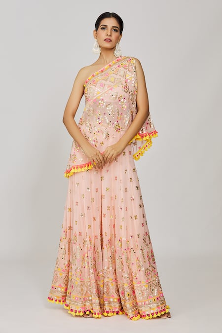 Shop_Gopi Vaid_Pink Georgette Sequins, Kaveer Embroidered One Shoulder Top And Flared Pant Set _Online_at_Aza_Fashions