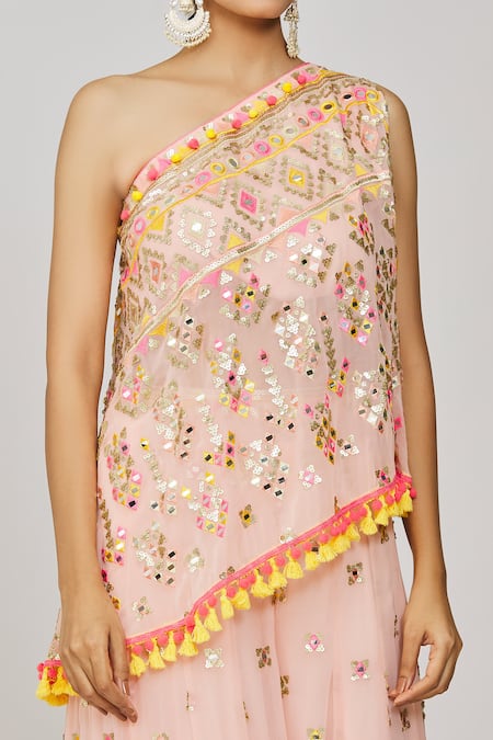Gopi Vaid_Pink Georgette Sequins, Kaveer Embroidered One Shoulder Top And Flared Pant Set _at_Aza_Fashions