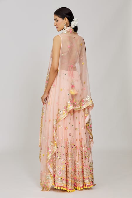 Gopi Vaid_Pink Viscose, Georgette Pom-poms, Tassels, Sequins Mirror Work Cape Pant Set _Online_at_Aza_Fashions