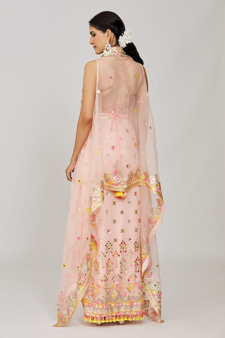 Gopi Vaid Geometric Mirror Embroidered Cape Skirt Set 