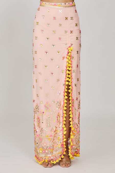 Buy_Gopi Vaid_Pink Tussar, Georgette Sequins, Mirrors, Geometric Embroidered Cape Skirt Set _Online_at_Aza_Fashions