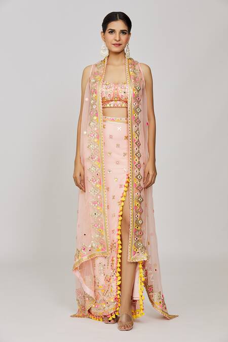 Shop_Gopi Vaid_Pink Tussar, Georgette Sequins, Mirrors, Geometric Embroidered Cape Skirt Set _Online_at_Aza_Fashions