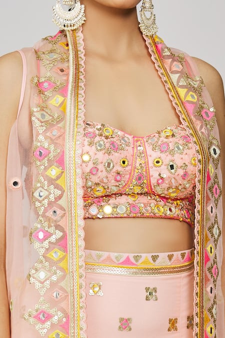 Gopi Vaid_Pink Tussar, Georgette Sequins, Mirrors, Geometric Embroidered Cape Skirt Set _at_Aza_Fashions