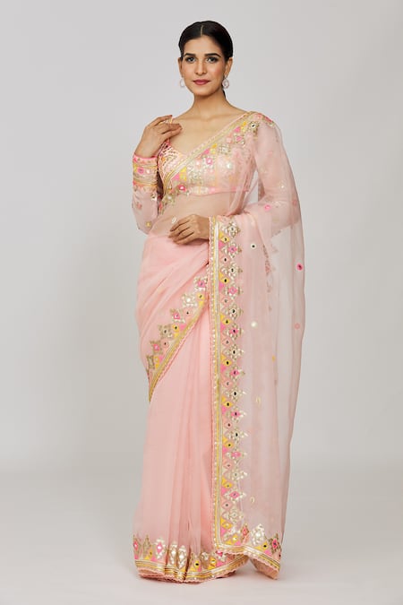 Gopi Vaid Pink Saree Organza Embroidery Mirror Chaya Border With Blouse  