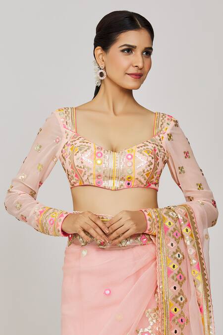Shop Gopi Vaid Pink Organza, Tussar Mirrors, Sequins Chaya Border Embroidered Saree With Blouse Online at Aza Fashions Shop_Gopi Vaid_Pink Organza, Tussar Mirrors, Sequins Chaya Border Embroidered Saree With Blouse_Online_at_Aza_Fashions