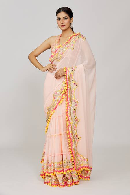 Buy Gopi Vaid Pink Chiffon, Georgette Sequins, Anika Scallop Border Saree With Blouse Online at Aza Fashions Buy_Gopi Vaid_Pink Chiffon, Georgette Sequins, Anika Scallop Border Saree With Blouse _Online_at_Aza_Fashions