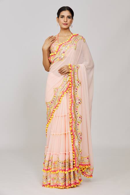 Shop Gopi Vaid Pink Chiffon, Georgette Sequins, Anika Scallop Border Saree With Blouse Online at Aza Fashions Shop_Gopi Vaid_Pink Chiffon, Georgette Sequins, Anika Scallop Border Saree With Blouse _Online_at_Aza_Fashions