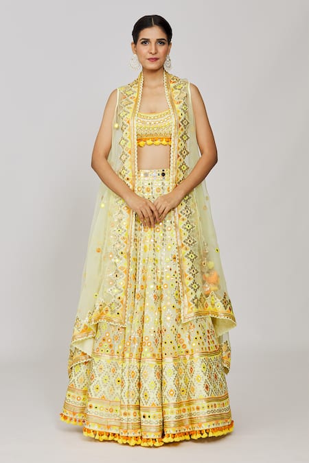 Gopi Vaid Yellow Lehenga Georgette Embroidery Mirror Cape Open Ashi Set 