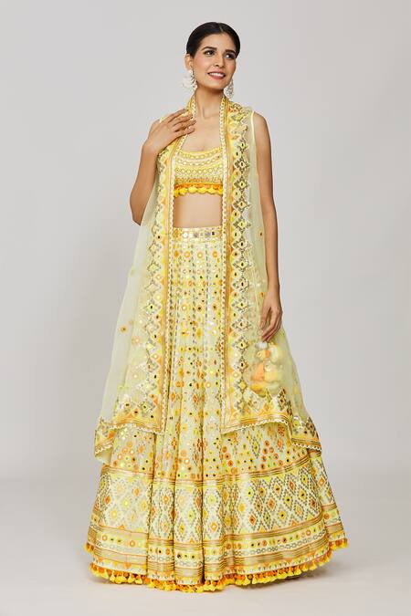 Shop Gopi Vaid Yellow Viscose, Georgette, Organza Sequins, Ashi Embroidered Cape Lehenga Set Online at Aza Fashions Shop_Gopi Vaid_Yellow Viscose, Georgette, Organza Sequins, Ashi Embroidered Cape Lehenga Set _Online_at_Aza_Fashions