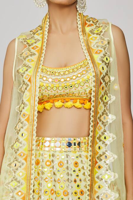 Gopi Vaid Yellow Viscose, Georgette, Organza Sequins, Ashi Embroidered Cape Lehenga Set at Aza Fashions Gopi Vaid_Yellow Viscose, Georgette, Organza Sequins, Ashi Embroidered Cape Lehenga Set _at_Aza_Fashions