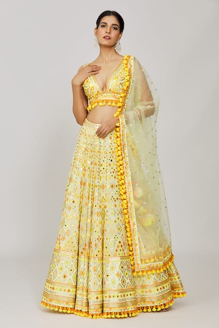 Gopi Vaid Yellow Lehenga Georgette Embroidery Mirror Dayita Sequin And Work Bridal Set 