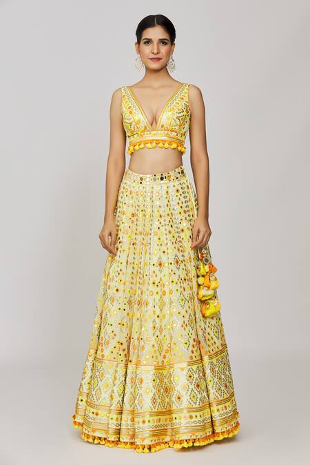 Buy_Gopi Vaid_Yellow Georgette, Viscose, Organza Sequins, Dayita And Work Bridal Lehenga Set _Online_at_Aza_Fashions