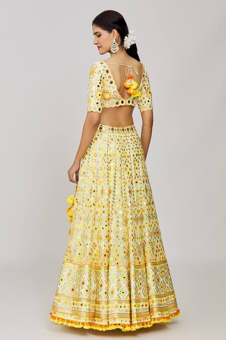Gopi Vaid_Yellow Georgette, Viscose, Net Mirrors, Sequins, Anha Bridal Lehenga Set _Online_at_Aza_Fashions