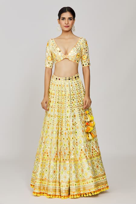 Buy_Gopi Vaid_Yellow Georgette, Viscose, Net Mirrors, Sequins, Anha Bridal Lehenga Set _Online_at_Aza_Fashions