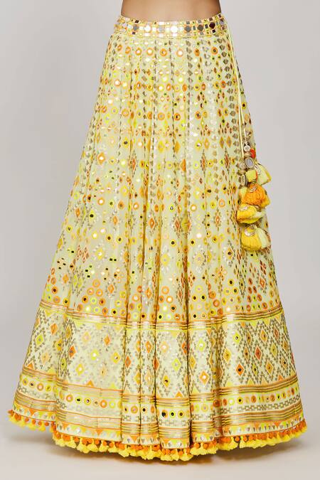 Gopi Vaid_Yellow Georgette, Viscose, Net Mirrors, Sequins, Anha Bridal Lehenga Set _at_Aza_Fashions