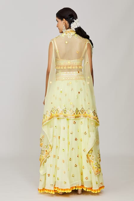 Gopi Vaid Yellow Embroidered Cape Victorian Lehenga Set 