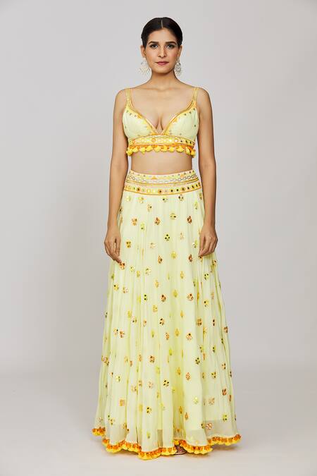Buy_Gopi Vaid_Yellow Georgette, Viscose Sequins Plunge Embroidered Cape Victorian Lehenga Set _Online_at_Aza_Fashions
